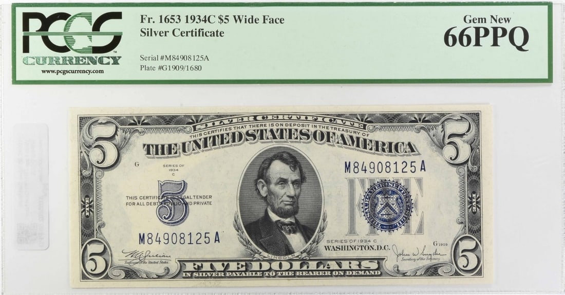 Gem New 66PPQ PCGS $5 Wide Face Silver Certificate: Gem New 66PPQ PCGS $5 Wide Face Silver Certificate MS66 graded, Gem New 66PPQ PCGS certified $5 Wide Face Silver Certificate, a stunning example of 1934 US currency, boasts exceptional condition and p