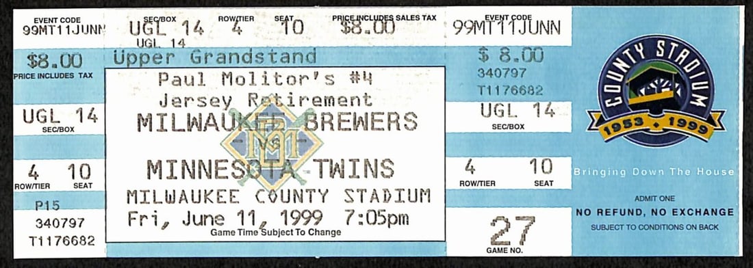 Brewers Paul Molitor Jersey Ticket 1999 Number Retired BA187545: Brewers Paul Molitor Jersey Ticket 1999 Number Retired BA187545 Brewers Paul Molitor Jersey Ticket 1999 Number Retired BA187545 - A piece of baseball history, this 1999 ticket stub features the iconic