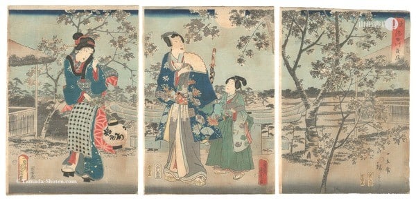 Cherry Blossoms by Hiroshige II, 1862 Woodblock Print Triptych Sumida (1 of 2)