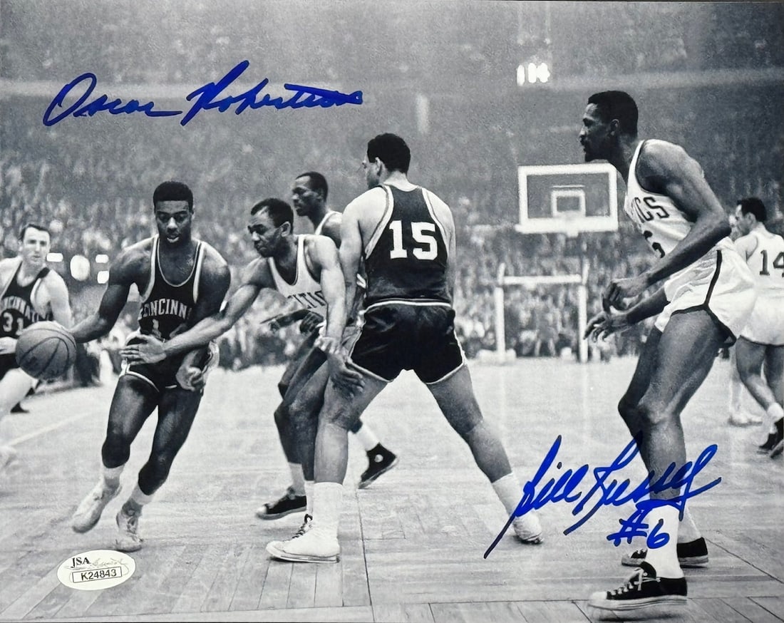 Signed 8x10 Basketball Photo By Bill Russell Oscar Robertson JSA: Signed 8x10 Basketball Photo By Bill Russell Oscar Robertson JSA Signed by basketball legends Bill Russell and Oscar Robertson, this 8x10 photo showcases the iconic duo in action. The photo bears a