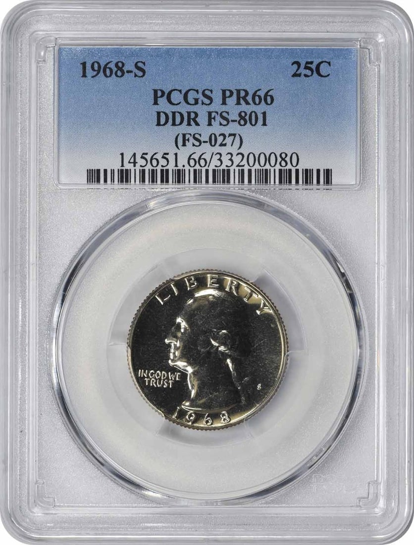 1968-S Washington Quarter DDR FS-801 PR66 PCGS: 1968-S Washington Quarter DDR FS-801 PR66 PCGS The 1968-S Washington Quarter is a highly detailed and precise coin, with a striking proof finish that showcases its intricate design. Certified by PCGS 