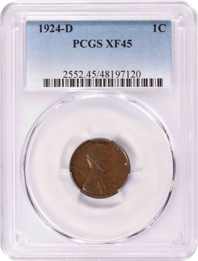1924-D Lincoln Cent EF45 PCGS: 1924-D Lincoln Cent EF45 PCGS Item Specifics: Certification: PCGS Circulated/Uncirculated: Circulated Km Number: 132 Year: 1924 Grade: EF Composition: Copper Mint Location: D Denomination: Small Cent 