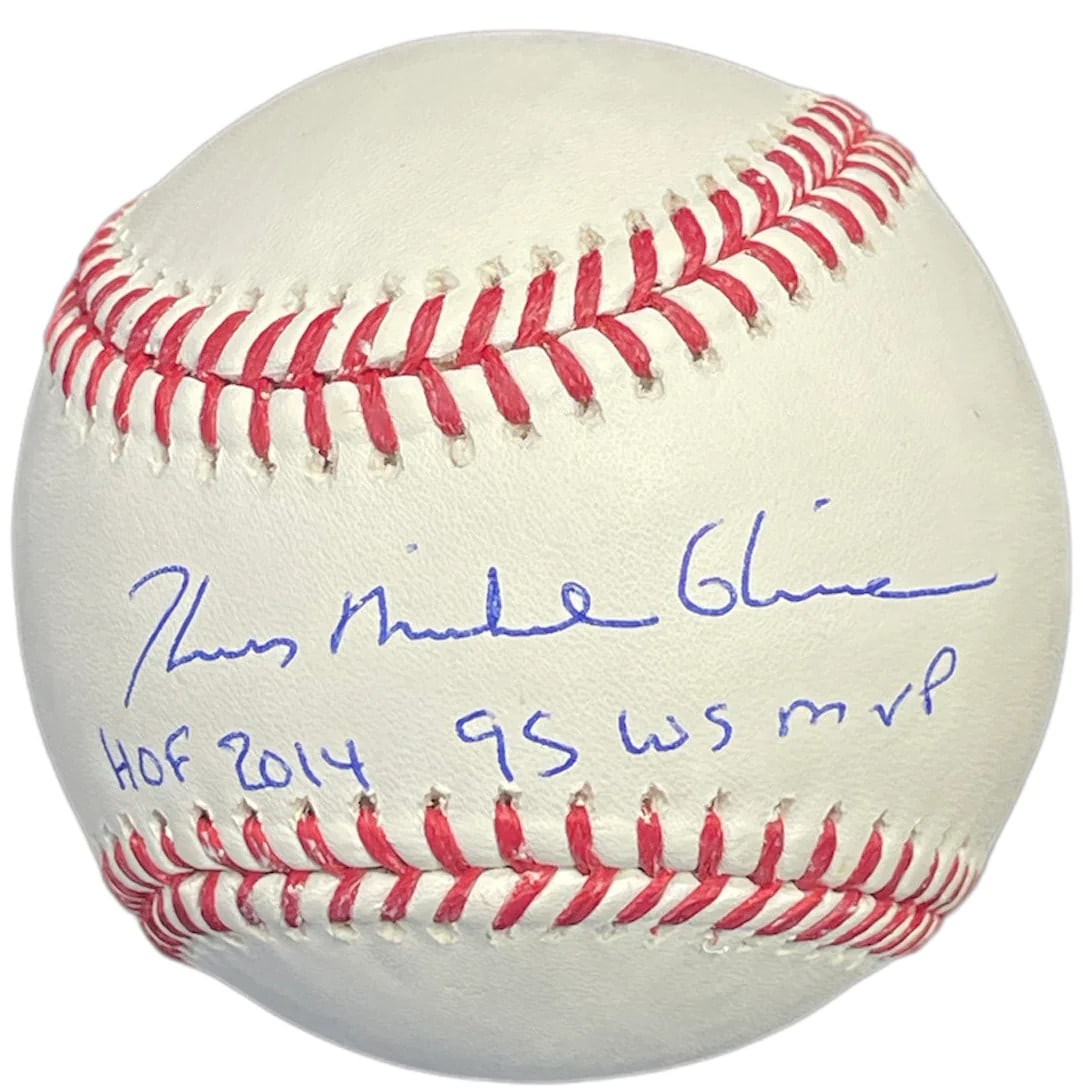 Thomas Michael Glavine Autographed Full Name Multi Inscribed Baseball (JSA): Thomas Michael Glavine Autographed Full Name Multi Inscribed Baseball (JSA) Signed in blue pen across the sweet spot of an official MLB baseball, this Thomas Michael Glavine autographed full name mult