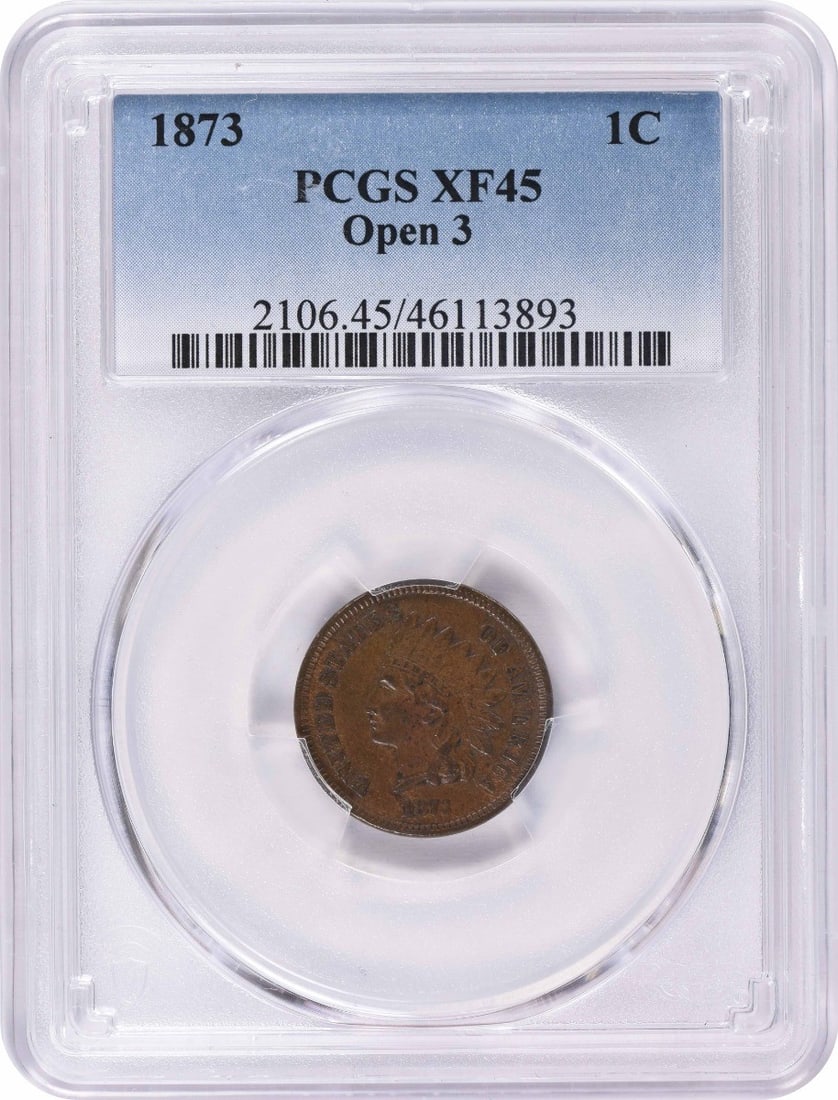 1873 Indian Cent Open 3 EF45 PCGS: 1873 Indian Cent Open 3 EF45 PCGS 1873 Indian Cent Open 3 EF45 PCGS - A well-preserved example of the 1873 Indian Cent, graded EF45 by PCGS, showcasing its condition and authenticity. This circulated 