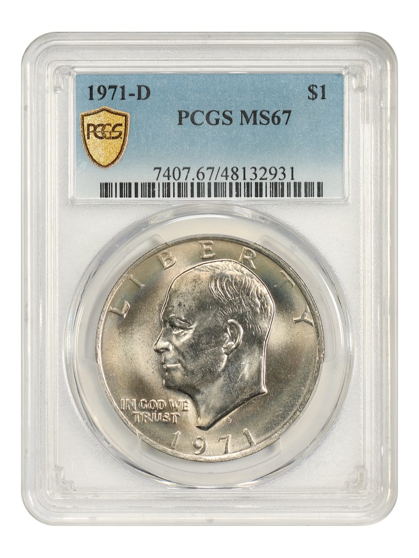 1971-D $1 PCGS MS67 - Ike Dollar: 1971-D $1 PCGS MS67 - Ike Dollar The 1971-D $1 PCGS MS67 - Ike Dollar is a highly graded uncirculated coin, certified by the Professional Coin Grading Service (PCGS) with a score of 67. This coin feat