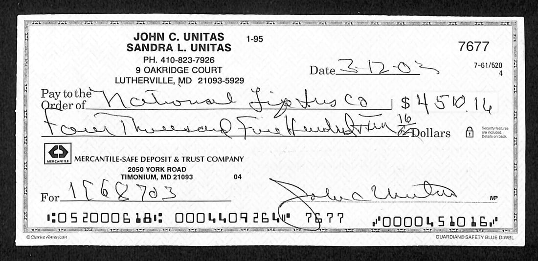 Unitas Johnny HOF Signed/ Autographed 2002 Check Bank Colts Baltimore JSA 199036 (1 of 2)