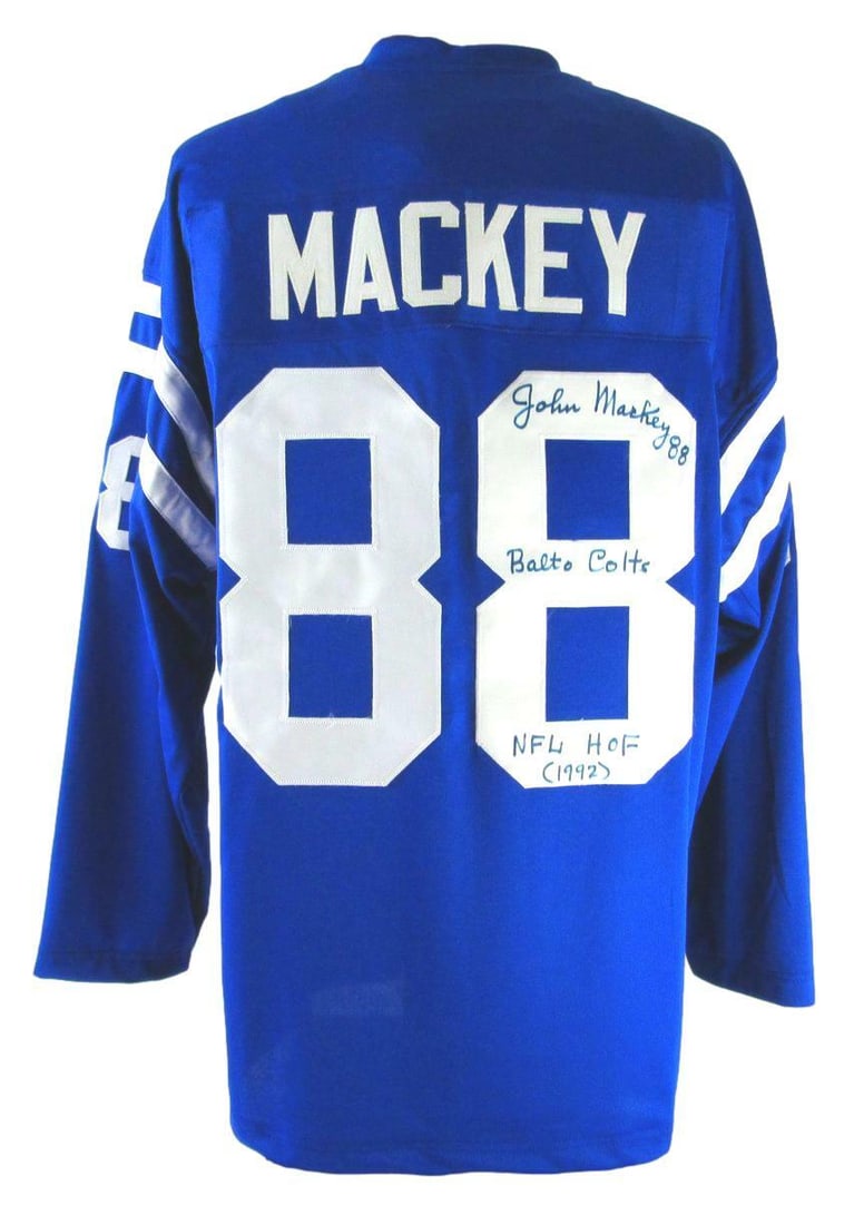 John Mackey HOF Signed/ Inscr Baltimore Colts Blue Football Jersey JSA 161110: John Mackey HOF Signed/ Inscr Baltimore Colts Blue Football Jersey JSA 161110 Item Specifics: Sport: Football Product: Jersey Original/Reprint: Original Team: Baltimore Colts Autograph Authentication:
