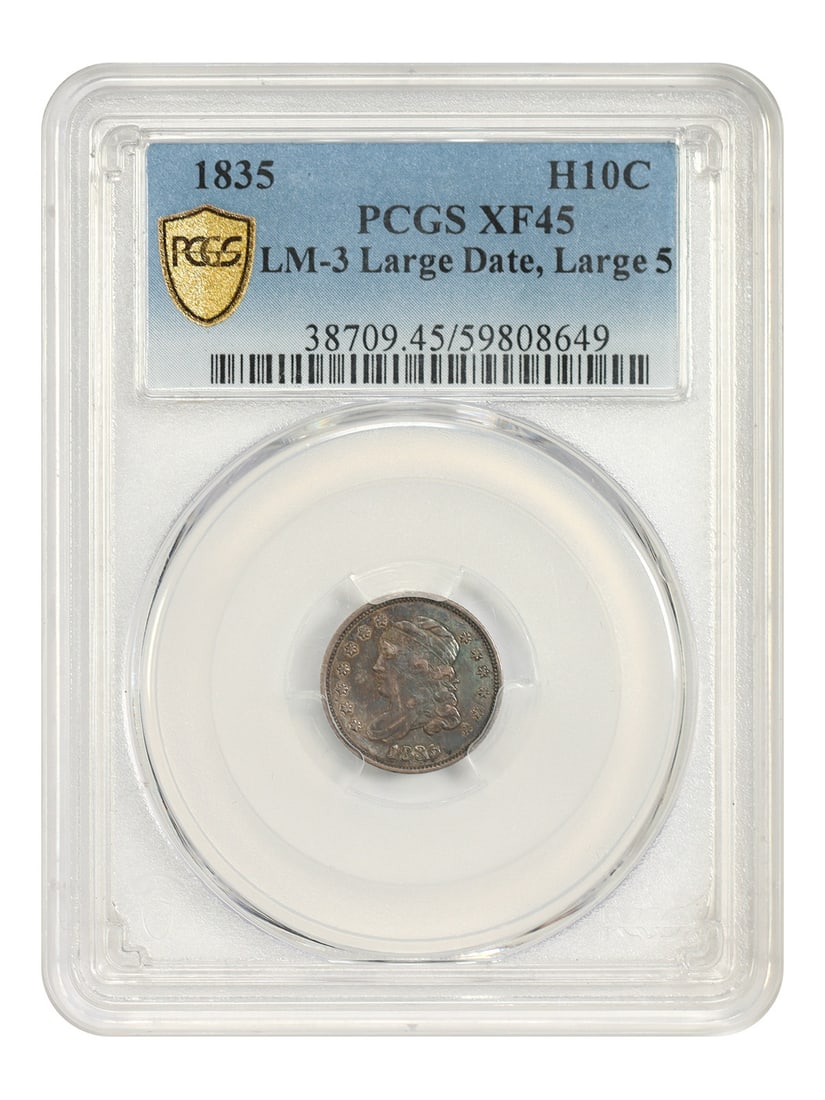 1835 H10C PCGS XF45 (LM-3, Large Date, Large 5) - Capped Bust Half Dime: 1835 H10C PCGS XF45 (LM-3, Large Date, Large 5) - Capped Bust Half Dime 1835 H10C PCGS XF45 (LM-3, Large Date, Large 5) - Capped Bust Half Dime. This circulated 1835 H10C half dime features a Large Da