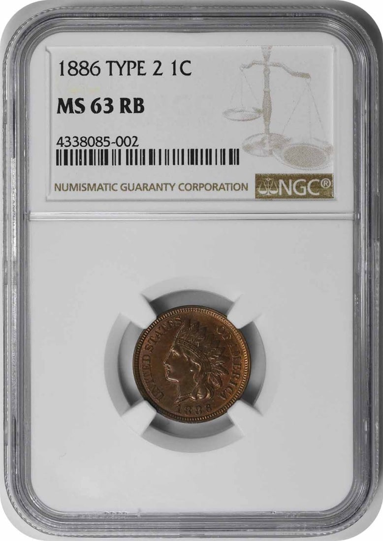 1886 Indian Cent Variety 2 MS63RB NGC: 1886 Indian Cent Variety 2 MS63RB NGC The 1886 Indian Cent Variety 2 MS63RB NGC is a highly detailed and well-preserved coin, graded MS63 by the Numismatic Guaranty Corporation (NGC). Its unique chara