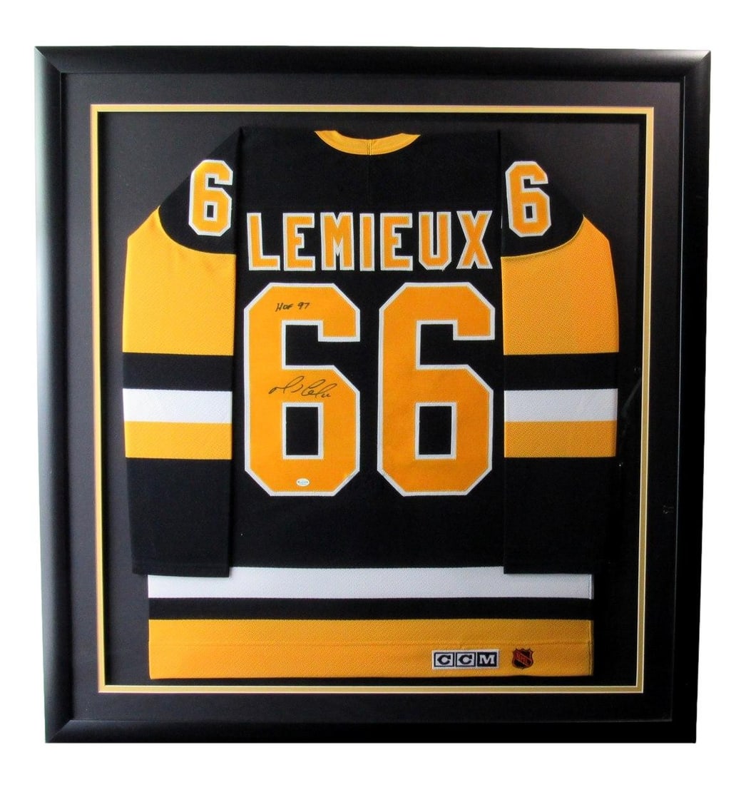 Signed Hockey Jersey HOF Framed Penguins Mario Lemieux Inscribed: Signed Hockey Jersey HOF Framed Penguins Mario Lemieux Inscribed Signed by Yogi Berra, this 1985 Topps Circle K Card #33 features a unique piece of baseball history. The card is officially graded by P