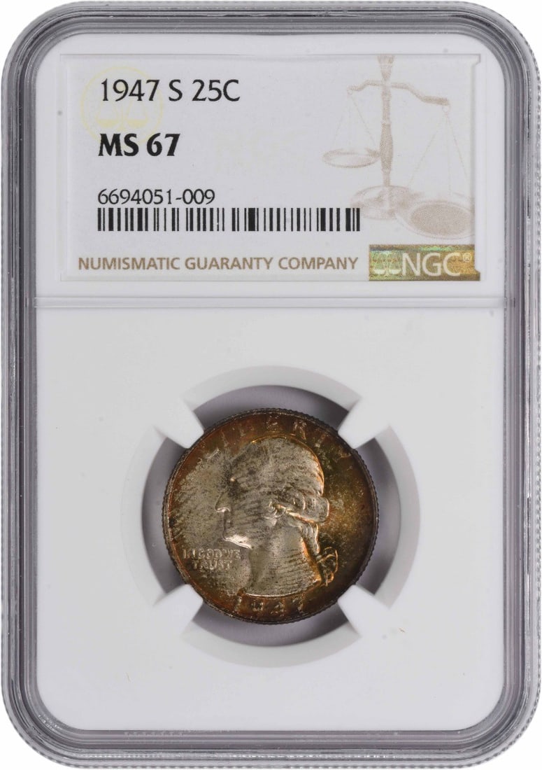 1947-S Washington Silver Quarter MS67 NGC: 1947-S Washington Silver Quarter MS67 NGC The 1947-S Washington Silver Quarter MS67 NGC is a highly detailed and well-certified coin, graded MS67 by the Numismatic Guaranty Corporation (NGC). This coi