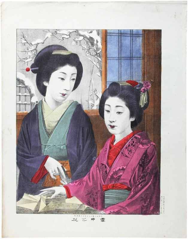 Antique 1889 Japanese Meiji Lithograph Flowers in Snow Art Print 47x37cm (1 of 1)