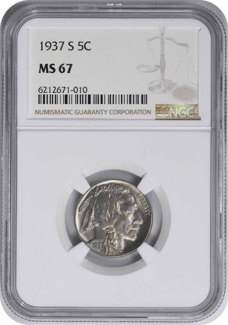 1937-S Buffalo Nickel MS67 NGC: 1937-S Buffalo Nickel MS67 NGC The 1937-S Buffalo Nickel MS67 NGC is a highly detailed and intricately designed coin, featuring the iconic Buffalo nickel design on its reverse and the Liberty Head obv