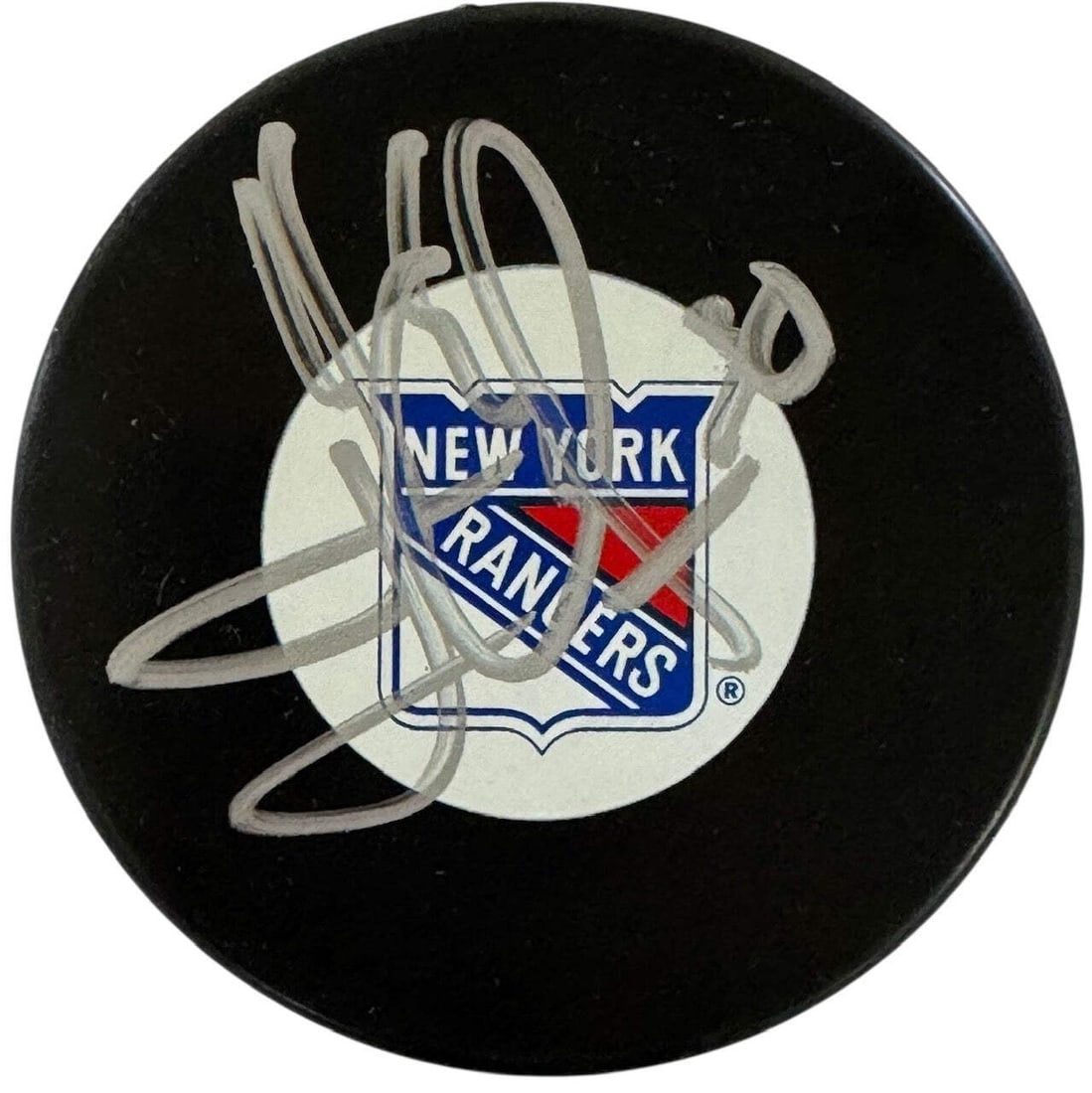 Henrik Lundqvist Steiner Autographed Rangers Logo Puck: Henrik Lundqvist Steiner Autographed Rangers Logo Puck Signed in silver sharpie on the front of the puck, this Henrik Lundqvist Steiner Autographed Rangers Logo Puck bears the mark of a legendary goal