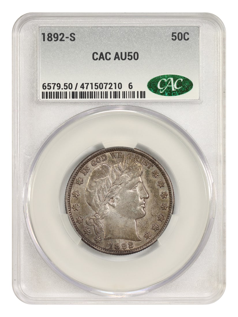 1892-S 50C CACG AU50 - Barber Half Dollar - Scarce Date: 1892-S 50C CACG AU50 - Barber Half Dollar - Scarce Date The 1892-S Barber Half Dollar is a scarce date coin, making it a highly sought-after addition to any collection. Certified by CACG as AU50, this