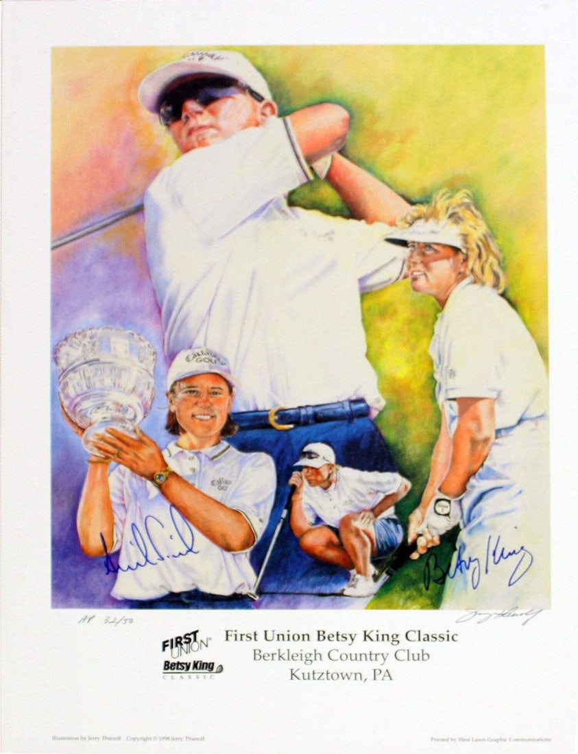 Annika Sorenstam & Betsy King Autographed Framed 18x24 Litho (JSA): Annika Sorenstam & Betsy King Autographed Framed 18x24 Litho (JSA) Annika Sorenstam and Betsy King have signed a unique 18x24 lithograph, the artwork is framed and presented in excellent condition. Th
