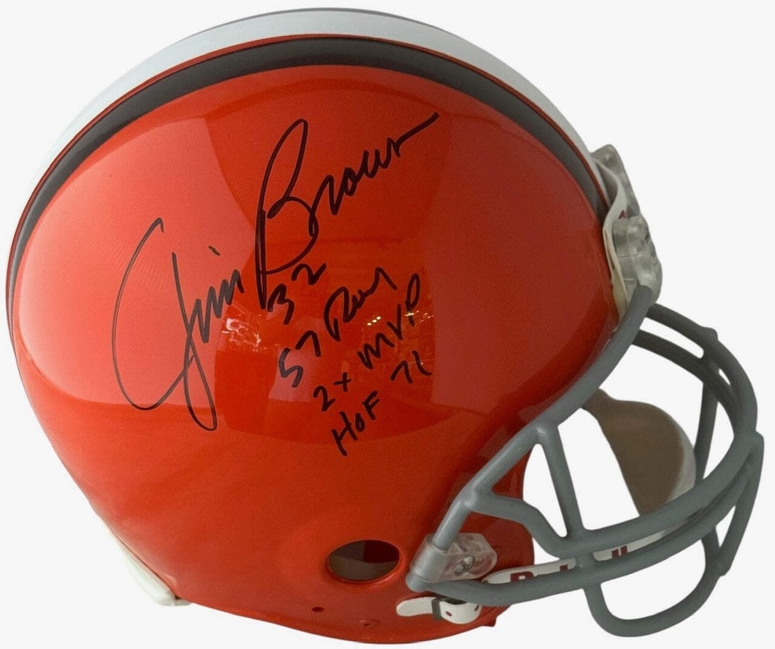 Jim Brown Autographed Cleveland Browns Full Size Authentic Stat Helmet JSA: Jim Brown Autographed Cleveland Browns Full Size Authentic Stat Helmet JSA Authentic Jim Brown Autographed Cleveland Browns Full Size Stat Helmet. The helmet bears a signature in black sharpie across 