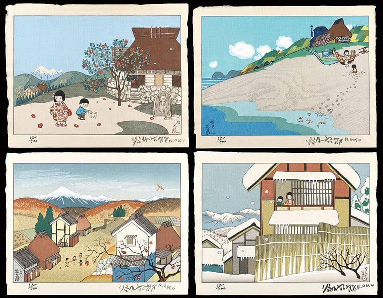 Taniuchi Rokuro Signed Woodblock Print Portfolio Four Seasons of Childhood 4pcs (1 of 6)