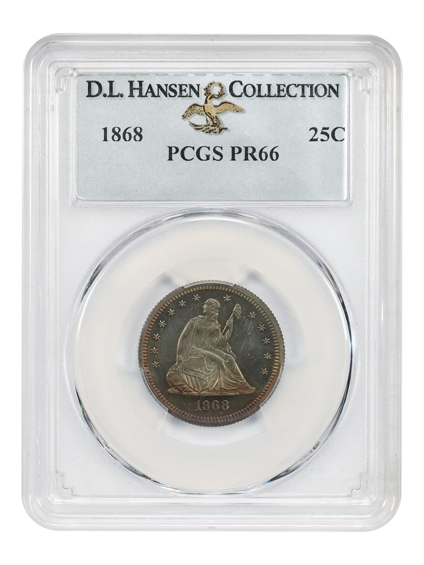 1868 25c PCGS PR66 ex: D.L. Hansen - Liberty Seated Quarter - Low Mintage Proof: 1868 25c PCGS PR66 ex: D.L. Hansen - Liberty Seated Quarter - Low Mintage Proof The 1868 25c Liberty Seated Quarter is a rare and highly sought-after proof coin, with a low mintage that makes it a pri