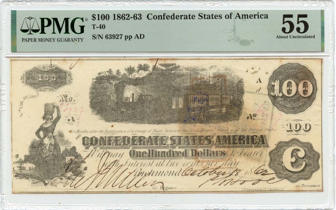 Confederate States of America $100 1862 T-40 AU55: Confederate States of America $100 1862 T-40 AU55 The Confederate States of America $100 1862 T-40 AU55 features a circulated condition, bearing the PMG certification number 2196626054, and graded AU5