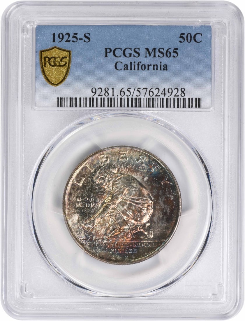 California Commemorative Silver Half Dollar 1925-S MS65 PCGS Toned: California Commemorative Silver Half Dollar 1925-S MS65 PCGS Toned The 1925-S California Commemorative Silver Half Dollar is a highly graded MS65 coin with a rich history. This toned specimen boasts a