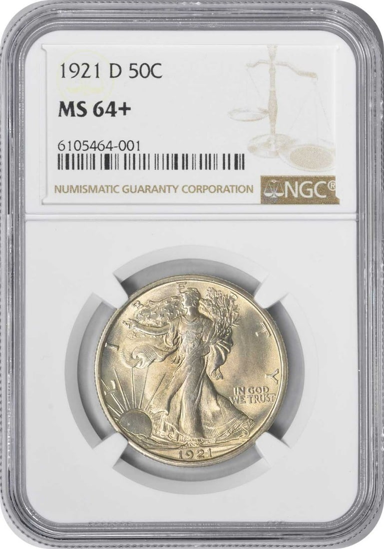 1921-D Walking Liberty Silver Half Dollar MS64+ NGC: 1921-D Walking Liberty Silver Half Dollar MS64+ NGC The 1921-D Walking Liberty Silver Half Dollar MS64+ NGC is a stunning example of American numismatic history, boasting a high grade of MS64+ from th