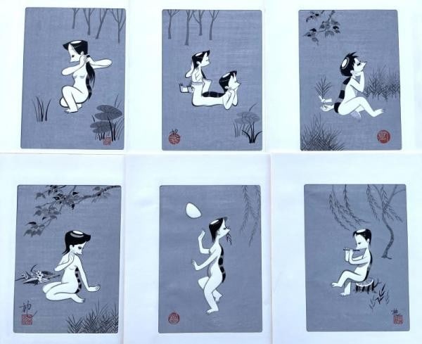 Woodblock Print Set in Kappa Forms from Japanese Nagai Iku Six Yokai Hanga Kyoto (1 of 2)