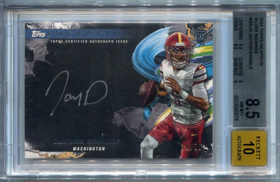 Jayden Daniels 2024 Topps Inception Silver Signings Autographed RC #ISS-JD 28/ 50: Jayden Daniels 2024 Topps Inception Silver Signings Autographed RC #ISS-JD 28/ 50 Authentic 2024 Topps Inception Silver Signings Autographed RC #ISS-JD 28/50, graded 8.5/10 by Professional Sports Auth