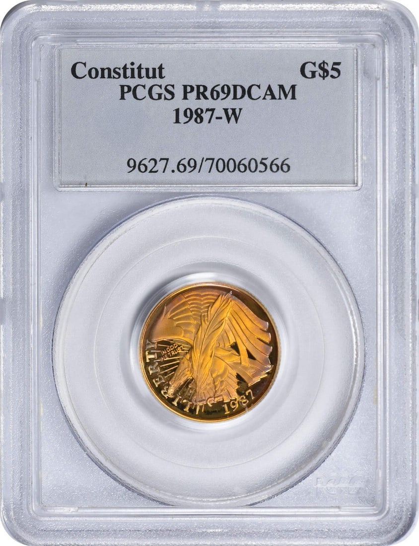 1987-W Constitution $5 Gold Five Dollar Proof Commemorative PR69DCAM PCGS: 1987-W Constitution $5 Gold Five Dollar Proof Commemorative PR69DCAM PCGS The 1987-W Constitution $5 Gold Five Dollar Proof Commemorative is a highly detailed, proof-quality coin featuring a striking 