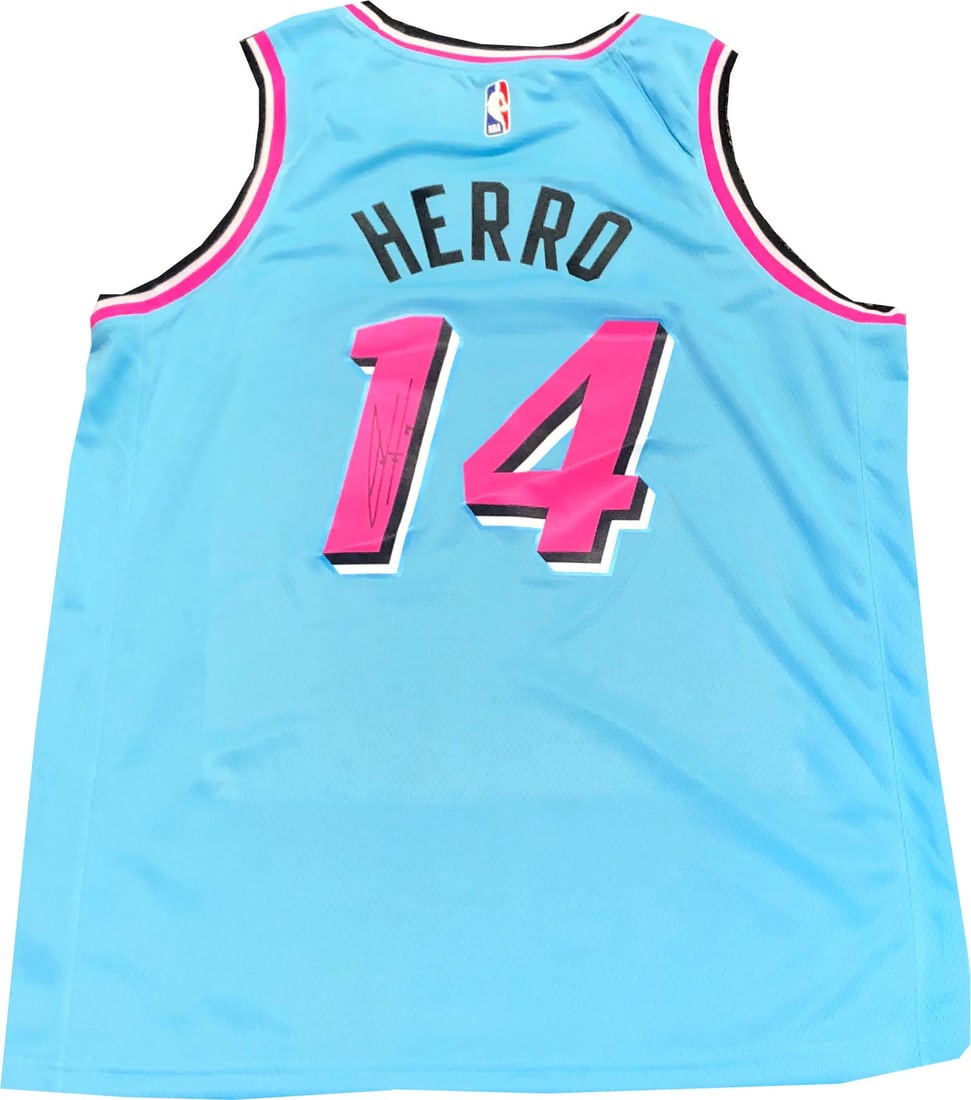 Herro Autographed Heat Vice Wave Swingman Jersey (JSA): Herro Autographed Heat Vice Wave Swingman Jersey (JSA) Tyler Herro's signature appears in blacksharpie across the number on the back of the Miami Heat Vice Wave Swingman Jersey, bearing the authentica