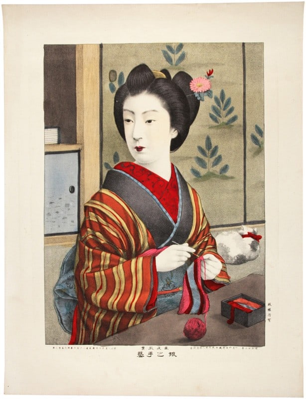 1890 Meiji Japanese Lithograph Print Girl s Handicrafts Cat Yajima Tomosaburo (1 of 1)
