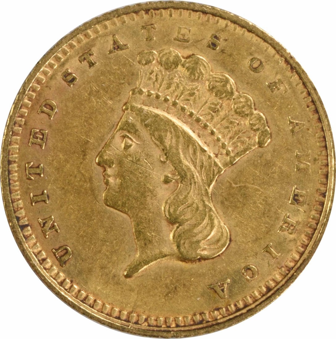 Type 3 EF Uncertified $1 Gold 1862: Type 3 EF Uncertified $1 Gold 1862 EF Uncertified $1 Gold 1862: A circulated example of the Type 3 EF Gold $1 coin, dated 1862, with its original gold composition and no mint mark. This coin bears the