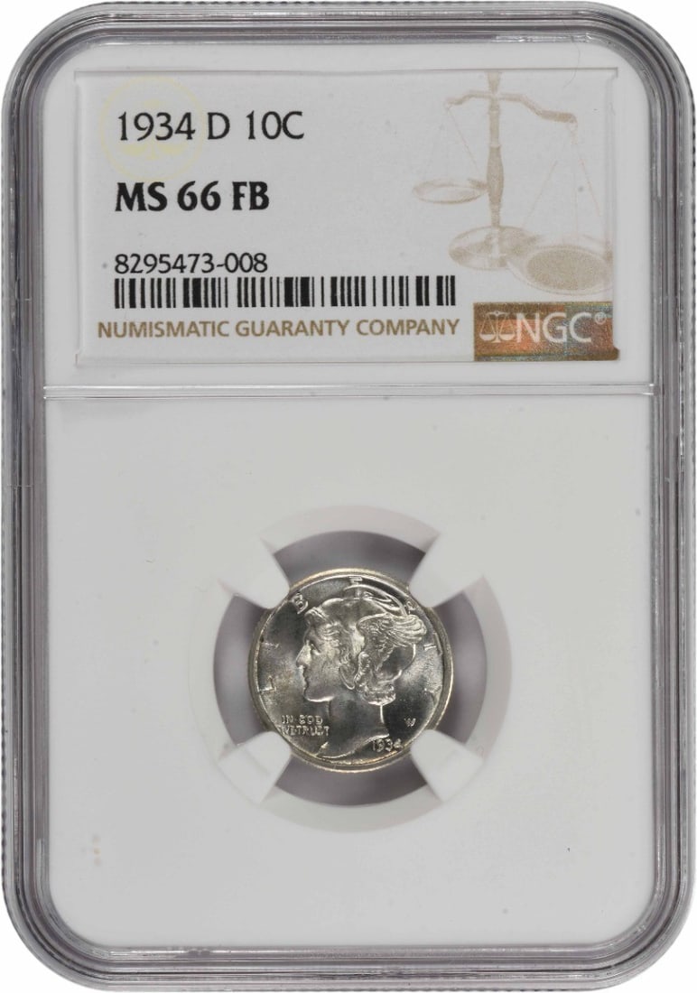 1934-D Mercury Silver Dime MS66FB NGC: 1934-D Mercury Silver Dime MS66FB NGC The 1934-D Mercury Silver Dime MS66FB NGC is a highly detailed and well-crafted coin, featuring the iconic design of Adolph Alexander Weinman. With its reeded edg