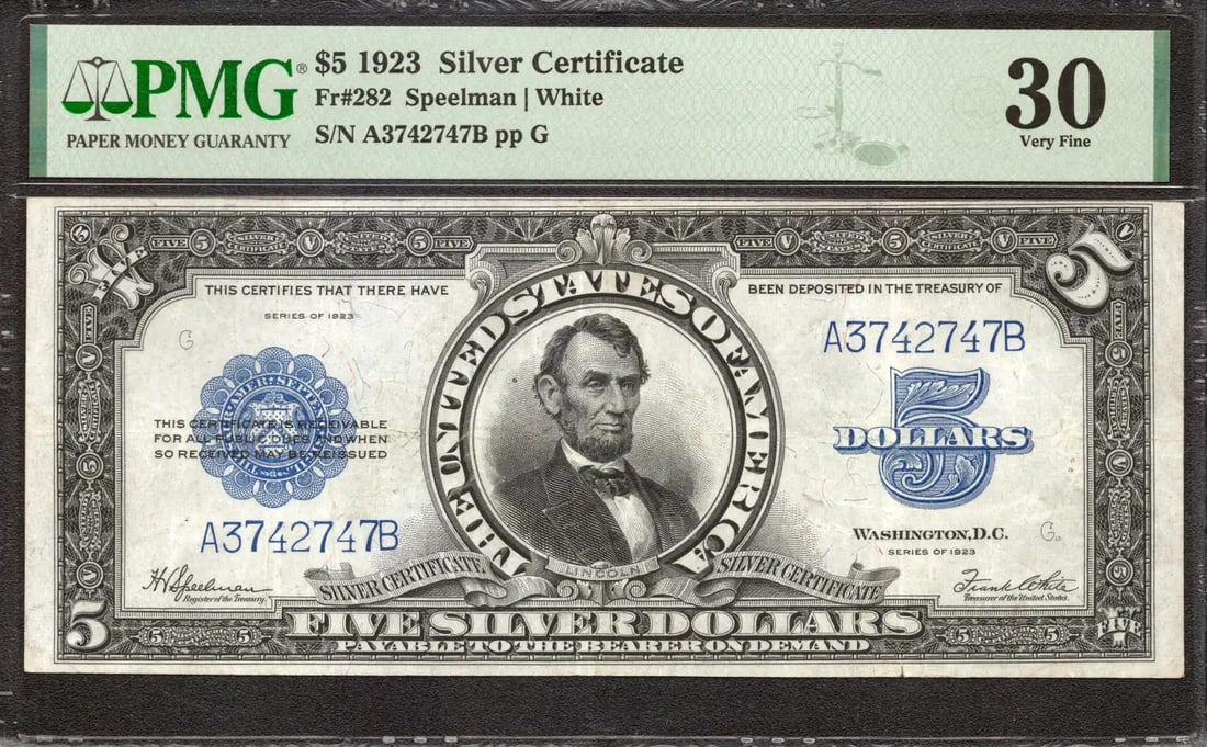 1923 $5 SILVER CERTIFICATE FR.282 AB BLOCK SPEELMAN WHITE PMG 30 VERY FINE (747B: 1923 $5 SILVER CERTIFICATE FR.282 AB BLOCK SPEELMAN WHITE PMG 30 VERY FINE (747B Item Specifics: Certification: PMG Grade: 30 Series Year: 1923 Year: 1923 Circulated/Uncirculated: Circulated Country: 