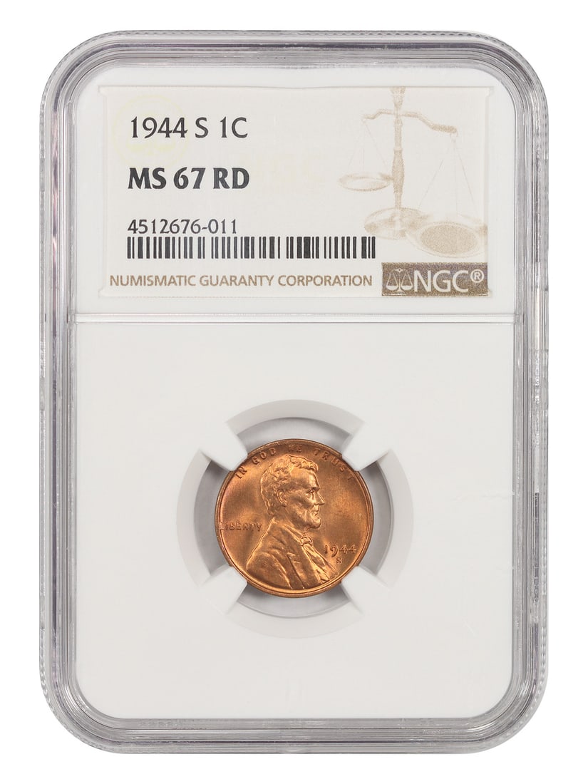 Lincoln Cent 1944-S 1C NGC MS67RD Wheat Reverse: Lincoln Cent 1944-S 1C NGC MS67RD Wheat Reverse The 1944-S Lincoln Cent in MS67RD condition boasts a stunning Wheat Reverse design, a hallmark of the San Francisco Mint. This uncirculated coin feature