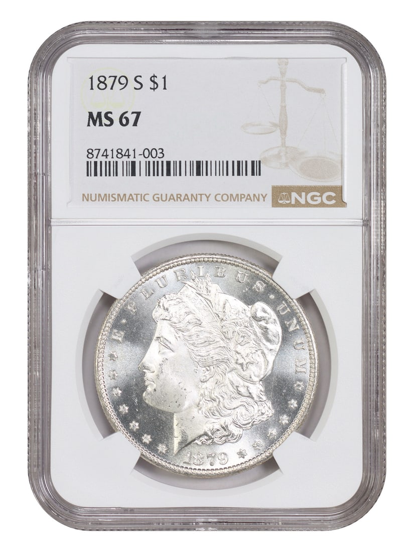 1879-S $1 NGC MS67 - Morgan Dollar - Popular Collector Date: 1879-S $1 NGC MS67 - Morgan Dollar - Popular Collector Date 1879-S $1 NGC MS67 Morgan Dollar - A highly sought-after collector's item, this 1879-S Morgan Dollar is certified by the Numismatic Guaranty