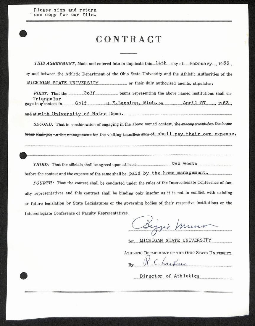 Michigan State Head Coach Signed Auto Contract Biggie Munn HOF JSA BA199640: Michigan State Head Coach Signed Auto Contract Biggie Munn HOF JSA BA199640 Signed auto contract by Michigan State Head Coach Biggie Munn, a legendary figure in college football history, featuring his