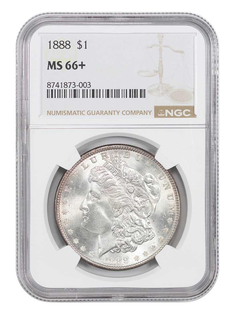 Morgan Dollar Popular P-Mint Issue 1888 MS66+ NGC: Morgan Dollar Popular P-Mint Issue 1888 MS66+ NGC The 1888 Morgan Dollar Popular P-Mint Issue is a highly sought-after collectible, featuring a stunning MS66+ grade from the NGC. This uncirculated coi