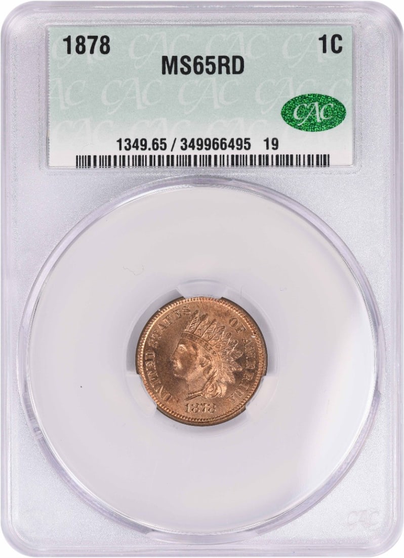 MS65RD CACG 1878 Indian Cent: MS65RD CACG 1878 Indian Cent The MS65RD CACG 1878 Indian Cent is a highly graded, uncirculated coin with a rich history. Certified by CACG as being in uncirculated condition, this coin boasts a stunni
