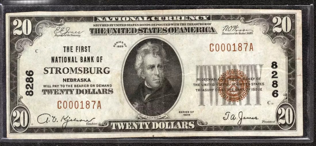 STROMSBURG NEBRASKA 187A CURRENCY BANKNOTE $20 FIRST NATIONAL: STROMSBURG NEBRASKA 187A CURRENCY BANKNOTE $20 FIRST NATIONAL Circulated $20 bill from the 1929 series of the Stromsburg, Nebraska First National Banknote, bearing serial number C000187A. This note fe