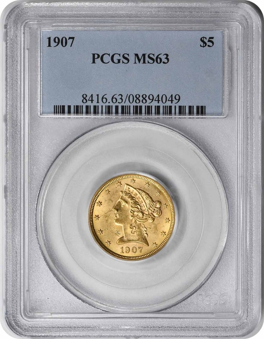 1907 $5 Gold Liberty Head MS63 PCGS: 1907 $5 Gold Liberty Head MS63 PCGS The 1907 $5 Gold Liberty Head MS63 PCGS is a rare and highly detailed coin featuring Christian Gobrecht's design, with a reeded edge and a diameter of 21.60 millime