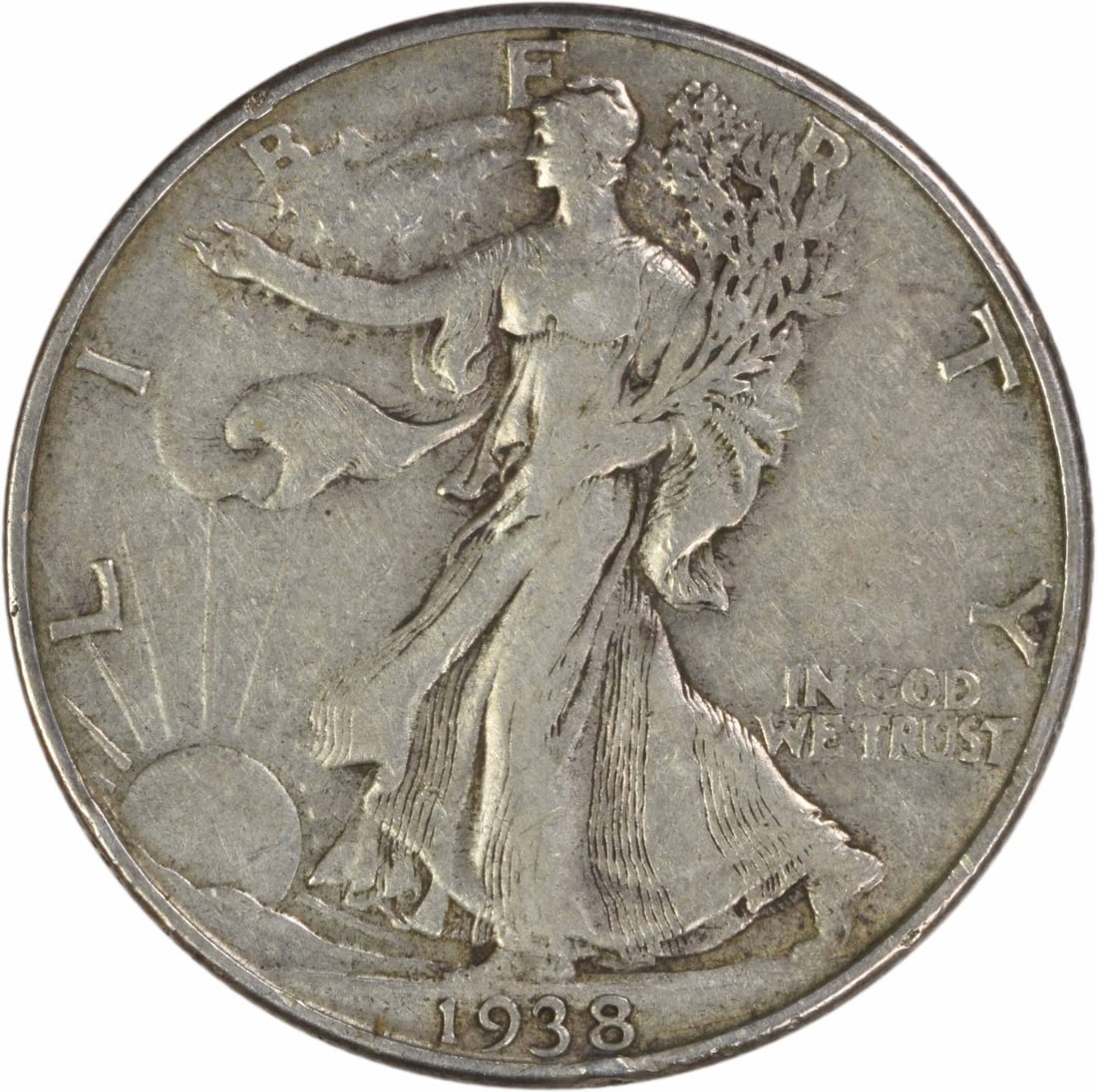 Walking Liberty Silver Half Dollar 1938-D EF Uncertified: Walking Liberty Silver Half Dollar 1938-D EF Uncertified The Walking Liberty Silver Half Dollar 1938-D is a highly detailed and intricately designed coin, featuring Adolph Alexander Weinman's iconic L