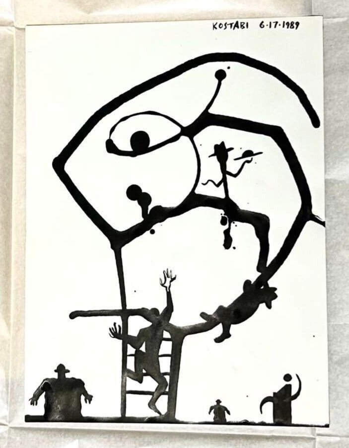 Original Mark Kostabi 1989 Painting Signed Black Ink on Paper World: Original Mark Kostabi 1989 Painting Signed Black Ink on Paper World Item Specifics: Artist: Mark Kostabi Unit Of Sale: Single Piece Signed By: Mark Kostabi Size: Medium Signed: Yes Material: Ink Paper