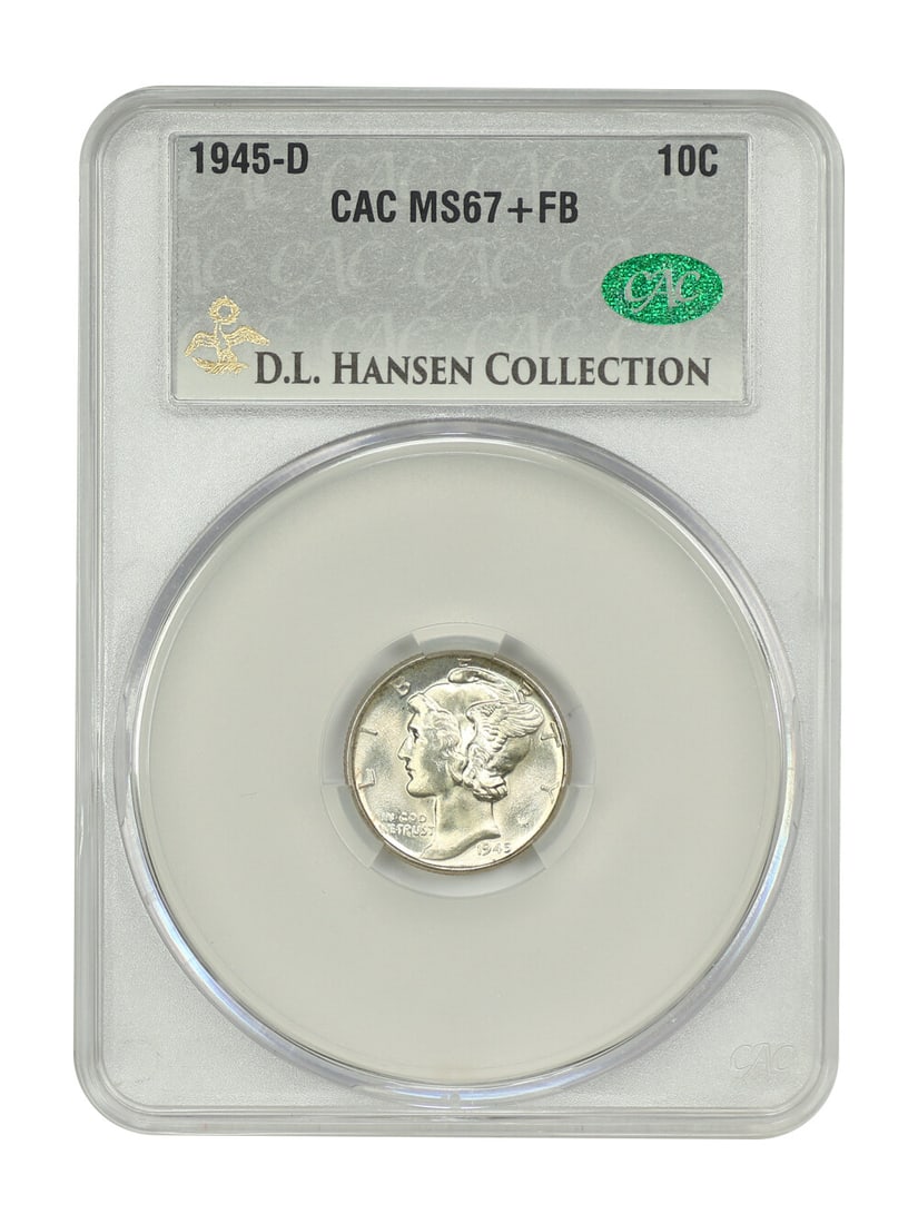 MS67+FB Mercury Dime 1945-D CACG 10C ex D.L. Hansen: MS67+FB Mercury Dime 1945-D CACG 10C ex D.L. Hansen MS67+FB Mercury Dime 1945-D CACG 10C ex D.L. Hansen boasts an exceptionally high grade of 67, with the added bonus of being circulated and uncircula
