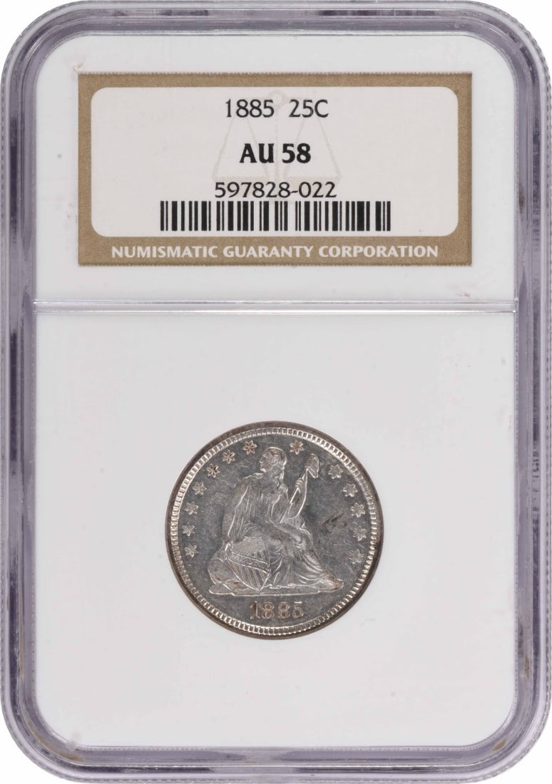 Liberty Seated Silver Quarter AU58 NGC: Liberty Seated Silver Quarter AU58 NGC The 1885 Liberty Seated Silver Quarter is a stunning example of American numismatics, featuring the iconic Seated Liberty design. Graded AU58 by the Numismatic G