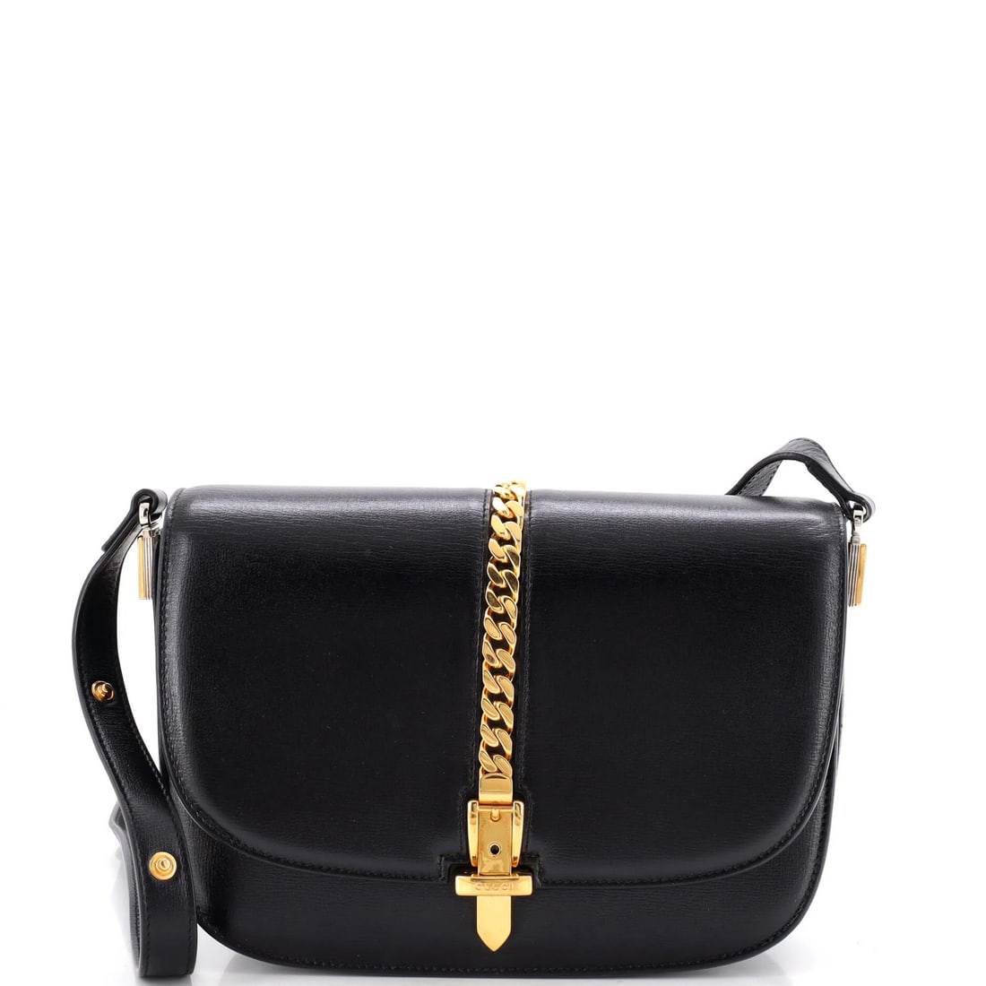 Small Leather Bag 1969 Shoulder Sylvie Gucci: Small Leather Bag 1969 Shoulder Sylvie Gucci Small Leather Bag 1969 Shoulder Sylvie Gucci - A vintage black leather cross body bag with a neutral interior, featuring gold hardware and minor scuffs, cr