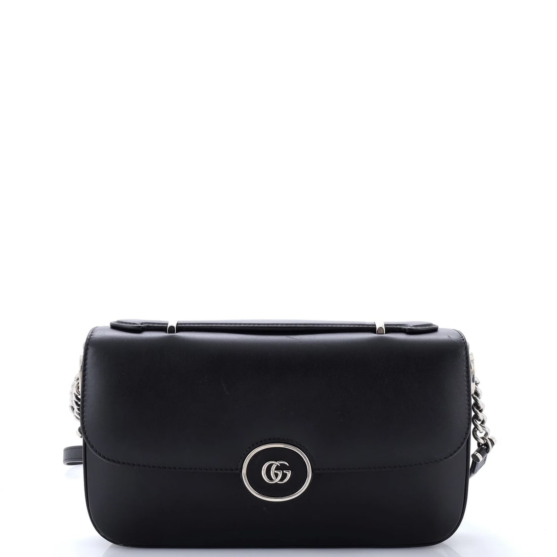 Gucci Petite GG Flap Shoulder Bag Leather Small: Gucci Petite GG Flap Shoulder Bag Leather Small Small Gucci Petite GG Flap Shoulder Bag in Black Leather. This cross body bag features a classic design with a signature GG logo and a silver-toned buck