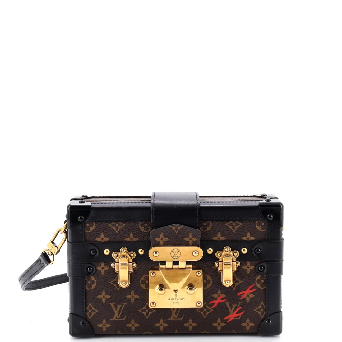 Malle Handbag Canvas Monogram Louis Vuitton: Malle Handbag Canvas Monogram Louis Vuitton Brown canvas coated Louis Vuitton Petite Malle handbag with monogram pattern, featuring a gold-toned strap and neutral leather interior. The bag showcases s