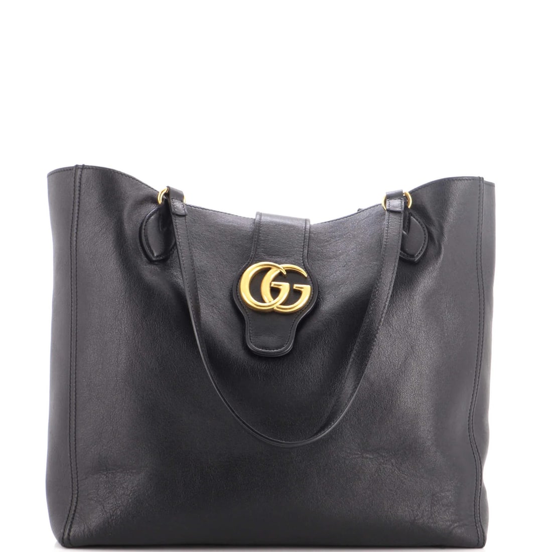 Tote medium leather Gucci Dahlia: Tote medium leather Gucci Dahlia Black medium leather Gucci Dahlia tote with 9" handle drop, 12.5" height, 13.5" width, and 5" depth, featuring gold hardware and a neutral microfiber interior. The ext