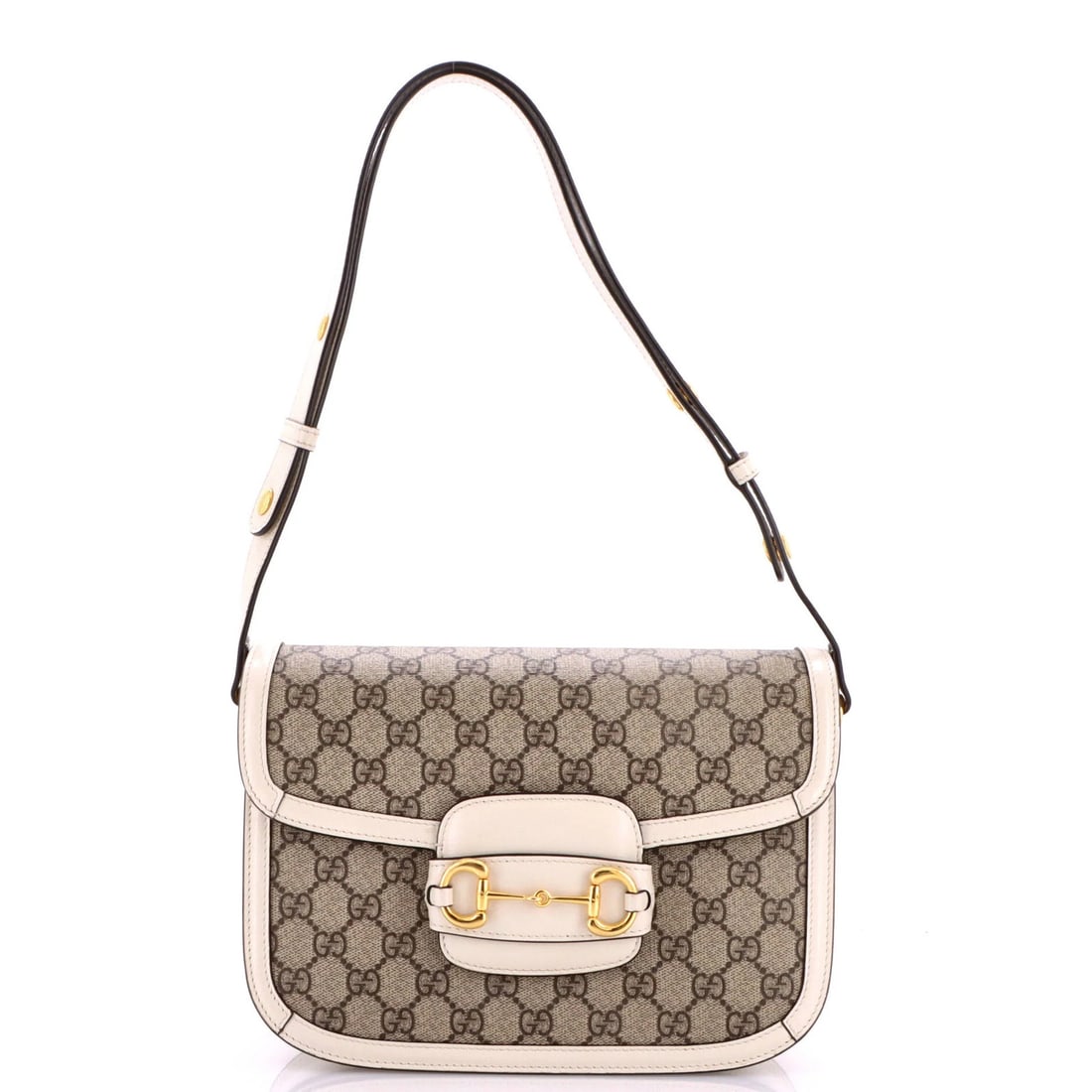 Small Leather Canvas Coated GG Horsebit 1955 Gucci Bag: Small Leather Canvas Coated GG Horsebit 1955 Gucci Bag Small Leather Canvas Coated GG Horsebit 1955 Gucci Bag - A pristine 1955 Gucci Horsebit shoulder bag in white canvas coated leather, featuring